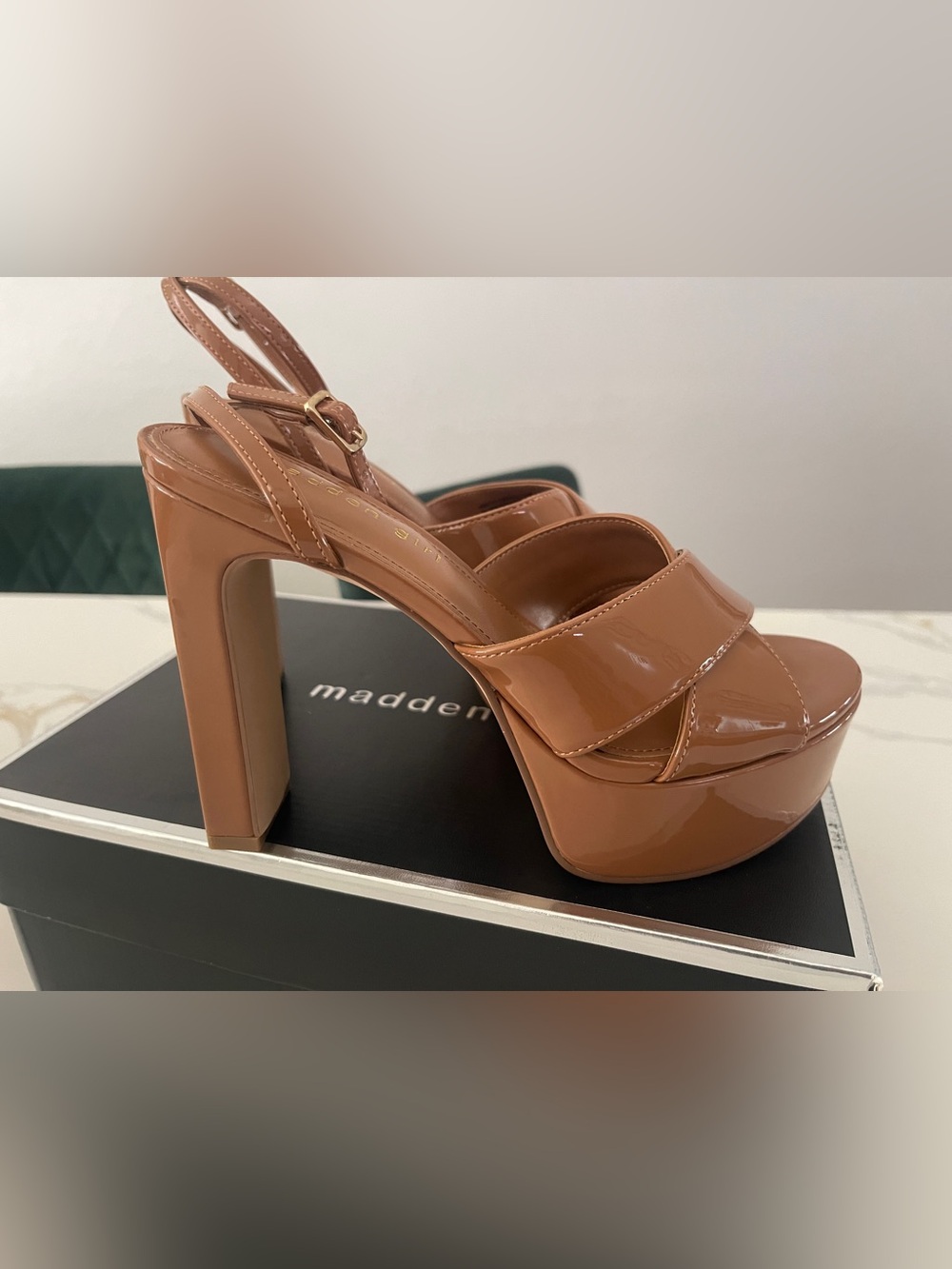 Madden Girl Ambeer Caramel Pat Platform Sandal with Block Heel 6.5